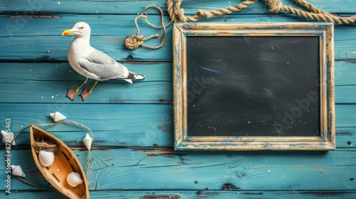 Nautical theme with white seagull bird blank blackboard and boat on blue wooden backdrop photo