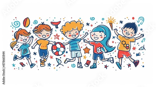 The image shows a group of children playing various sports. They are all smiling and having fun. The background is white with colorful stars and circles.