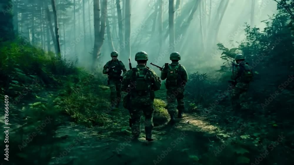 Troops from the military army's tactical squad and commando unit are going carefully through a woodland. Troops from the military army's tactical squad and commando unit are going carefully through a woodland.