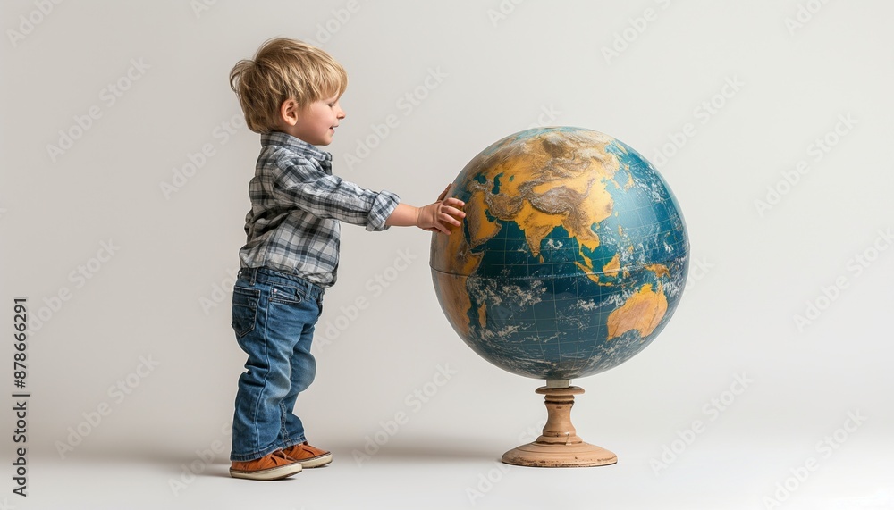 A young child dressed in casual clothes is seen gently spinning a large globe mounted on a wooden stand, indicating the child's curiosity and desire to explore the world. A young child dressed in casual clothes is seen gently spinning a large globe mounted on a wooden stand, indicating the child's curiosity and desire to explore the world.