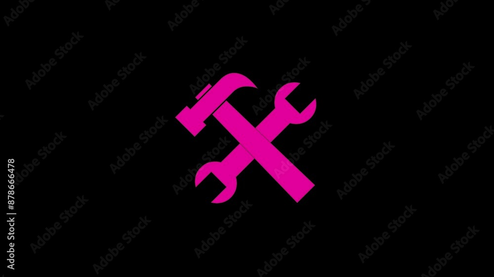 Hammer werench shape icon pink color animation on black background