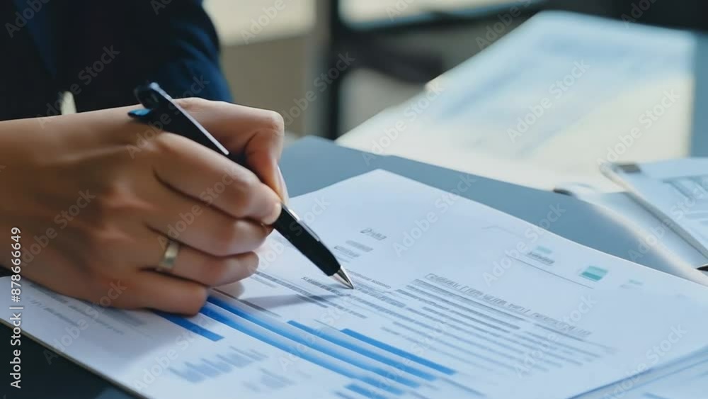 A middle-aged businesswoman who is stressed out while analyzing investments reads business documents and verifies accounting and financial data A middle-aged businesswoman who is stressed out while analyzing investments reads business documents and verifies accounting and financial data