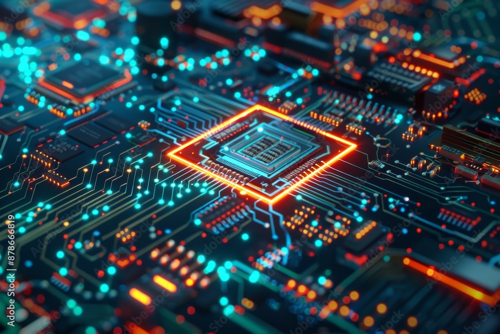 Fototapeta premium Glowing Circuit Board with Orange and Blue Lights