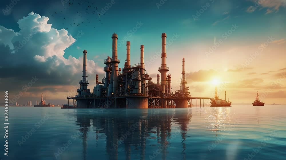 oil refinery in the middle of the sea at sunset, beautiful blue sea, seamless looping 4k video animation background oil refinery in the middle of the sea at sunset, beautiful blue sea, seamless looping 4k video animation background