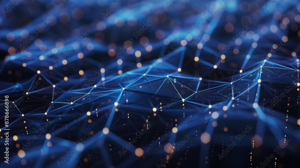 Obraz premium Abstract high tech blue glowing lines with dots and plexus triangles, abstract background. High quality photo