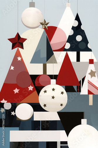 Minimalistic collage of christmas trees in soft colors patchwork style with red accents. Holiday greeting card concept with copy space. Illustration for shop sales for discount coupon backdrop.