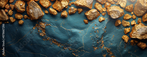 Gold mine concept Abstract background with gold nuggets on a dark blue stone surface, top view. 