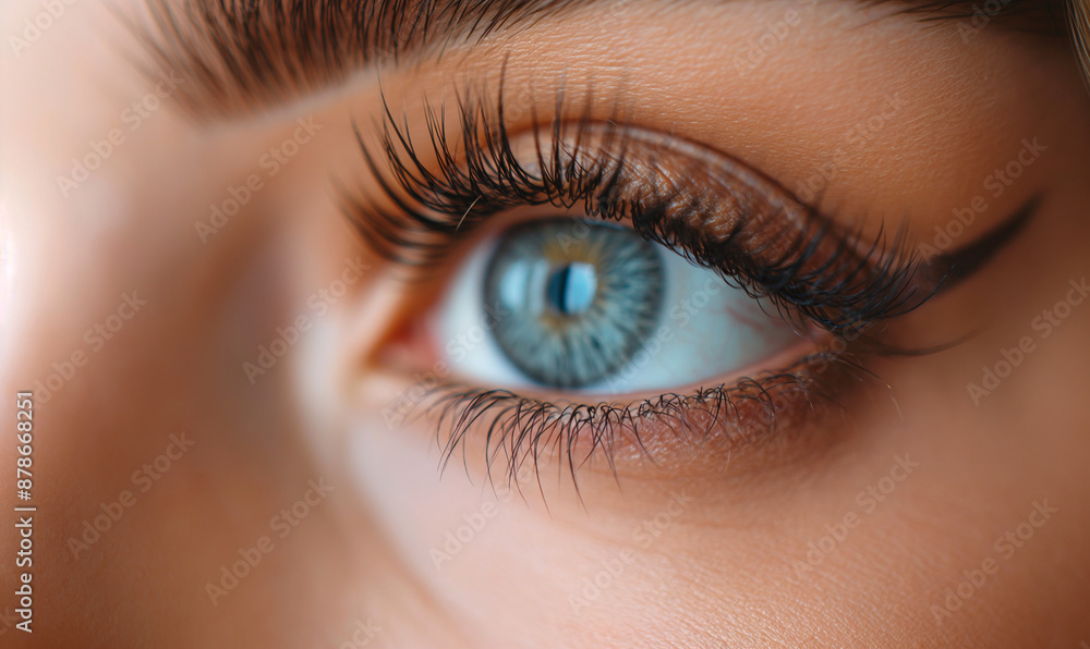 Eyelash extensions. Beautiful female eye close-up. Long luxurious eyelashes. Beauty concept. False eyelashes. Makeup, Cosmetics, Beauty. Macro. Place for text. Copy space Eyelash extensions. Beautiful female eye close-up. Long luxurious eyelashes. Beauty concept. False eyelashes. Makeup, Cosmetics, Beauty. Macro. Place for text. Copy space