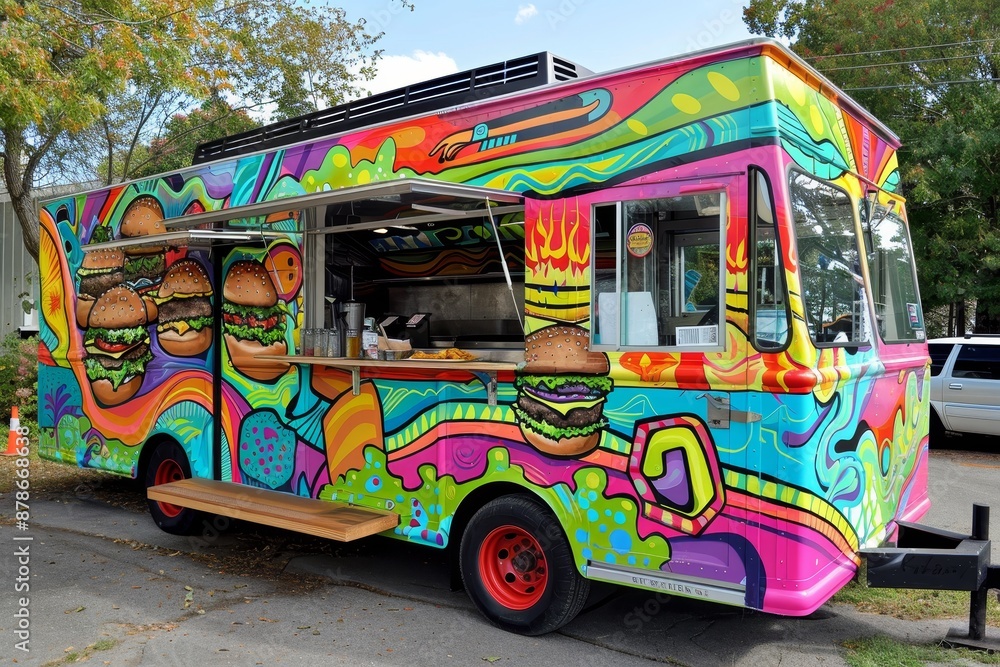 Fototapeta premium A vibrant food truck with colorful design stands parked on the side of a road, Capture the colorful and vibrant design of a food truck serving gourmet burgers