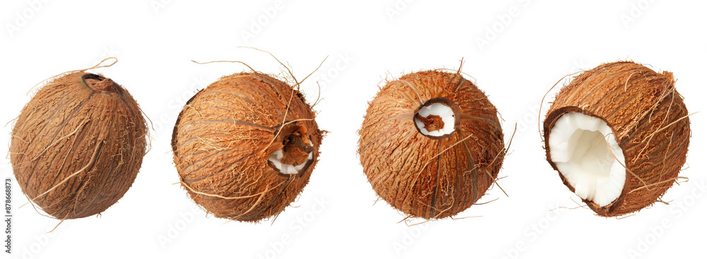 Four coconuts with one of them cut open, isolated on transparent background Four coconuts with one of them cut open, isolated on transparent background