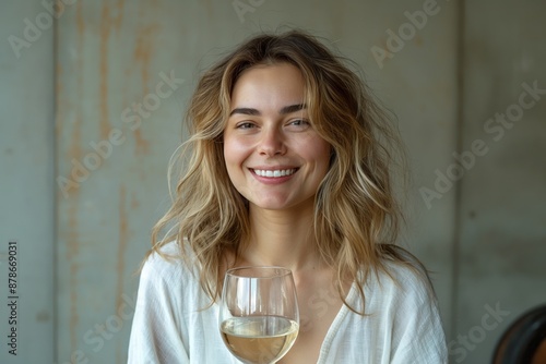 Cheerful young woman holding a crisp white wine glass, casual setting