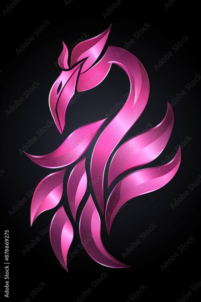 Simple logo design featuring a pink flamingo with a beak, black background, gray for the flamingo texture and white, minimalist Simple logo design featuring a pink flamingo with a beak, black background, gray for the flamingo texture and white, minimalist