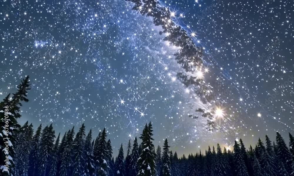 Fantastic winter landscape glowing by star light. Dramatic wintry scene with snowy trees and milky way in night sky Fantastic winter landscape glowing by star light. Dramatic wintry scene with snowy trees and milky way in night sky