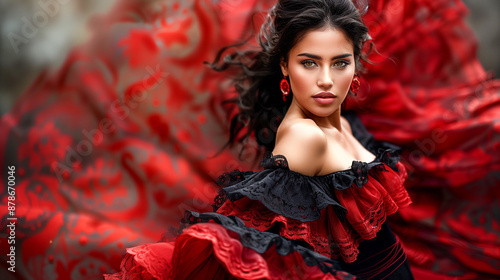 Una bailaora de flamenco morena vestida con un vestido tradicional negro y rojo.