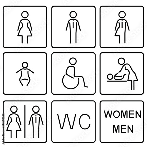 Restroom signs set, universal WC vector icons, gender and accessibility, inclusive for all users