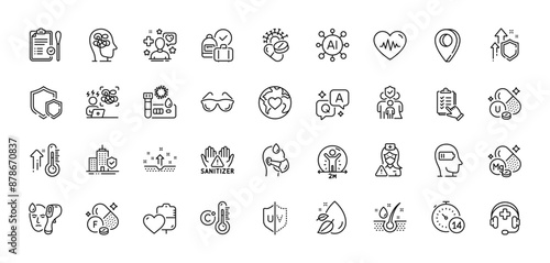 Clean hands, Donation and Checklist line icons pack. AI, Question and Answer, Map pin icons. Weariness, Shields, Stress web icon. Apartment insurance, Vitamin u, Quarantine pictogram. Vector