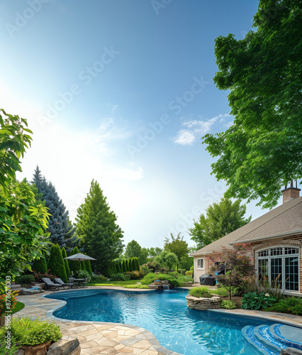 Stunning Backyard Oasis with Luxurious Pool and Lush Landscaping