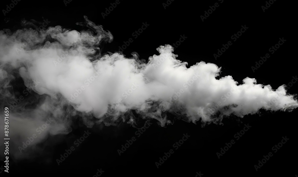 A dense white smoke cloud drifting across a dark black background. A dense white smoke cloud drifting across a dark black background.
