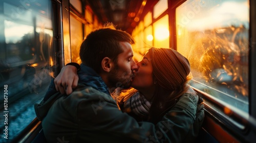 Couple kissing on a train at sunset. Romantic moment during a journey.