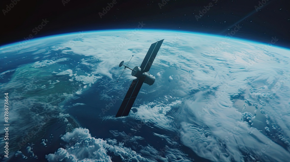 A spaceship or satellite on the background of planet Earth. Modern aerospace technology for exploration, communication and observation. Illustration for banner, poster, cover, brochure or presentation A spaceship or satellite on the background of planet Earth. Modern aerospace technology for exploration, communication and observation. Illustration for banner, poster, cover, brochure or presentation