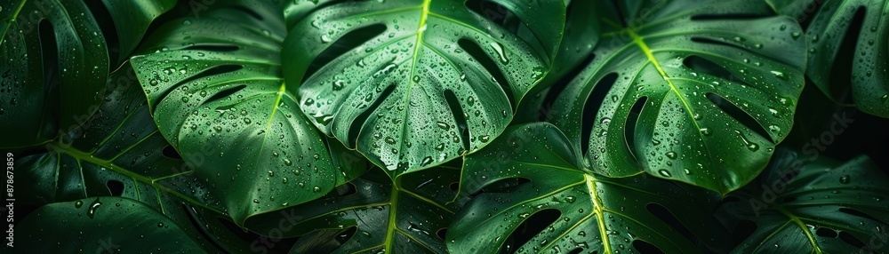 Close-up of vibrant green monstera leaves with water droplets, enhancing the freshness and beauty of nature in a tropical setting. Close-up of vibrant green monstera leaves with water droplets, enhancing the freshness and beauty of nature in a tropical setting.