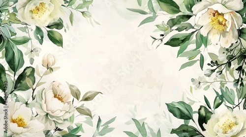 Elegant watercolor floral background with white flowers and lush green leaves, perfect for invitations, greeting cards, and wedding designs.