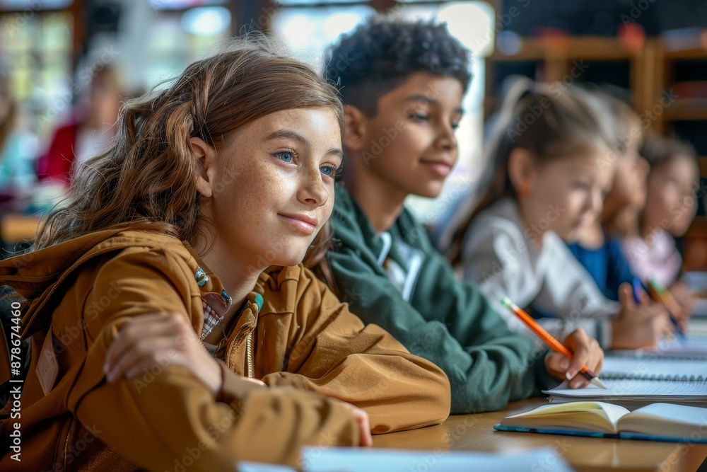 A group of young children sitting together at a table, Capture the evolution of hybrid learning models in response to shifting educational needs A group of young children sitting together at a table, Capture the evolution of hybrid learning models in response to shifting educational needs