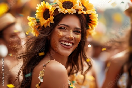 A woman with a large sunflower headdress smiles at a vibrant carnival, symbolizing happiness, celebration, and cultural festivity in an outdoor setting. photo