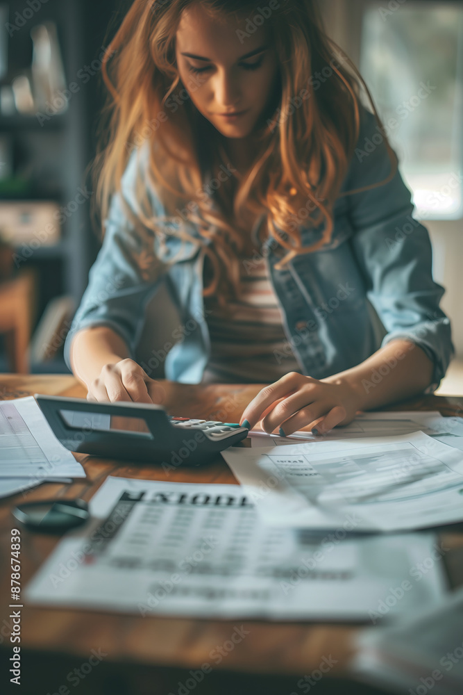 Person using a scientific calculator on a wooden desk, with the focus on the fingers pressing the buttons. Woman planning budget, counting bills or taxes, online banking services. Person using a scientific calculator on a wooden desk, with the focus on the fingers pressing the buttons. Woman planning budget, counting bills or taxes, online banking services.