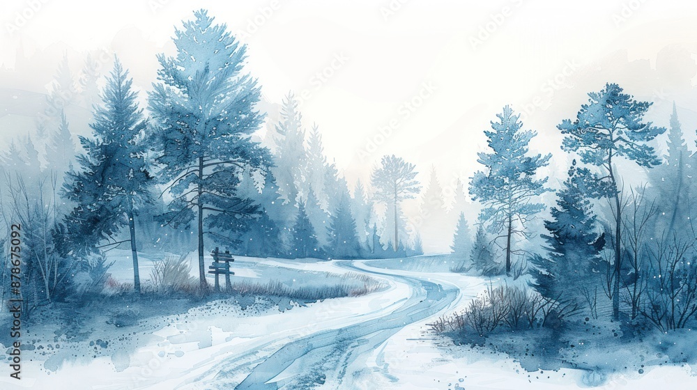 Serene winter landscape with a snow-covered forest and winding path, capturing the peaceful charm of a frosty day. Serene winter landscape with a snow-covered forest and winding path, capturing the peaceful charm of a frosty day.