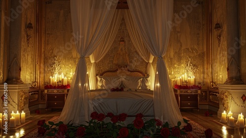 Fototapeta Naklejka Na Ścianę i Meble -  A luxurious bedroom with a canopy bed, draped with sheer fabrics, candles lining the room, and fresh red roses on each bedside table, set against a backdrop of opulent gold walls.