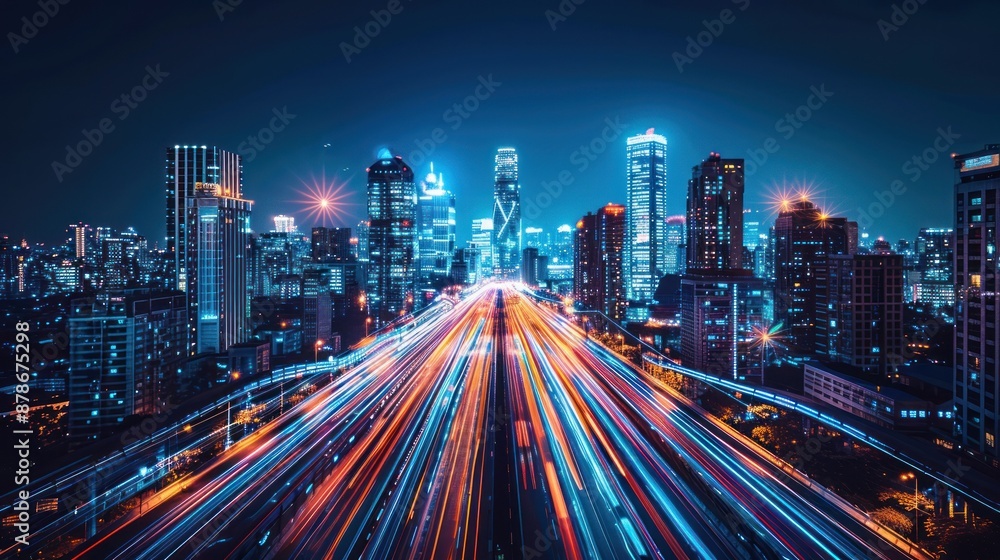 Fototapeta premium Stunning night cityscape with vibrant lights and dynamic traffic flow, showcasing the energy and vibrancy of modern urban life.