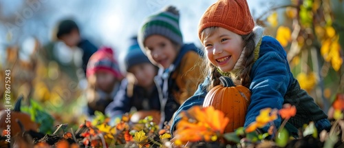 Children and their teacher in a pumpkin patch during fall, learning about harvesting techniques, with a variety of tools and vibrant leaves