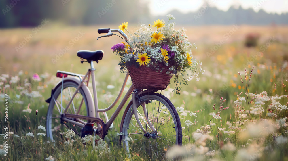 Naklejka premium Vintage bicycle with basket full of flowers standing in field