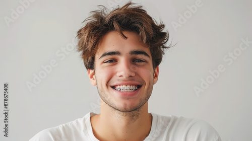 smiling man with metal braces on teeth on a white background, boy, orthodontics, dental, oral cavity, bite, alignment, tooth, mouth, portrait, treatment, dentist patient, people, person, dentistry