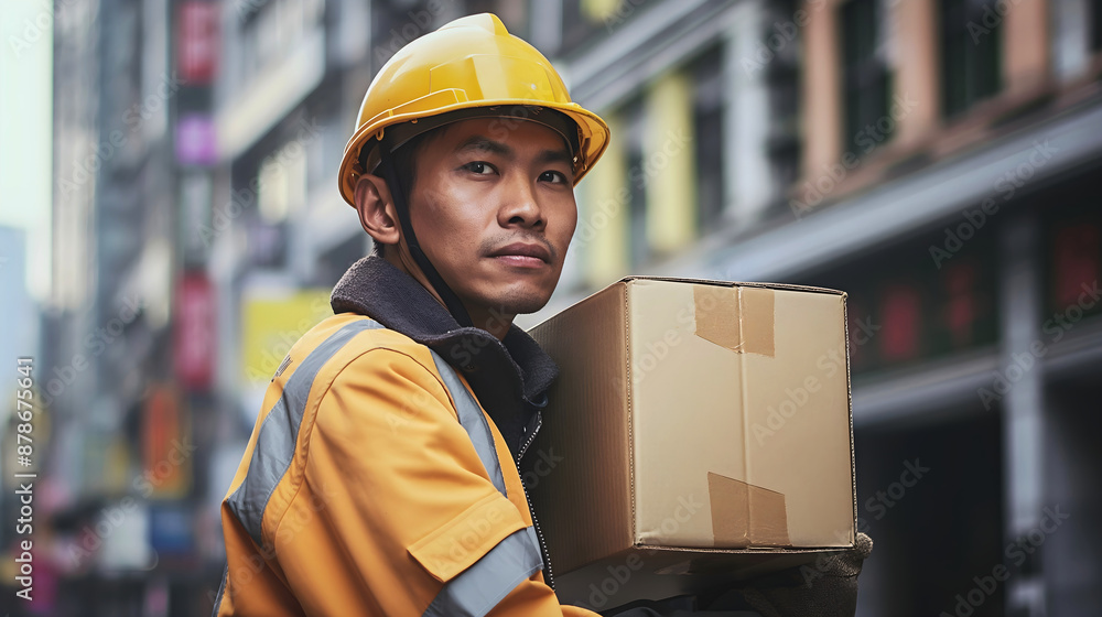 Worker in a factory delivering a box to a satisfied customer.