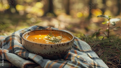 a bowl of creamy pumpkin soup topped with a sprig of fresh dill on a plaid blanket in a warm and inviting autumn forest setting. photo