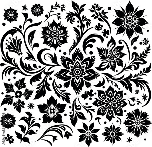 decorative Floral design Silhouette Motif Pattern, Flower design elements silhouette pattern black and white