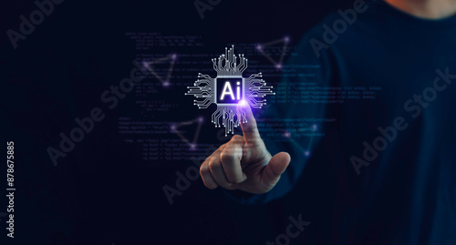 Obraz na płótnie Artificial intelligence AI, circuit board in shape electronic, technology smart robot AI, artificial intelligence by enter command prompt for generates. w salonie