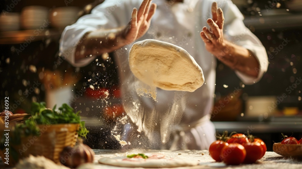 A chef tosses a pizza dough ball in the air, flour flying around him as he prepares the dough for a pizza in a restaurant kitchen A chef tosses a pizza dough ball in the air, flour flying around him as he prepares the dough for a pizza in a restaurant kitchen