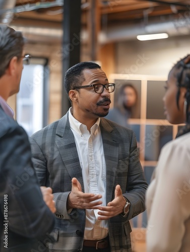 Interdisciplinary HR team members engaged in a thoughtful discussion about employee engagement strategies in a modern minimalist office workspace 