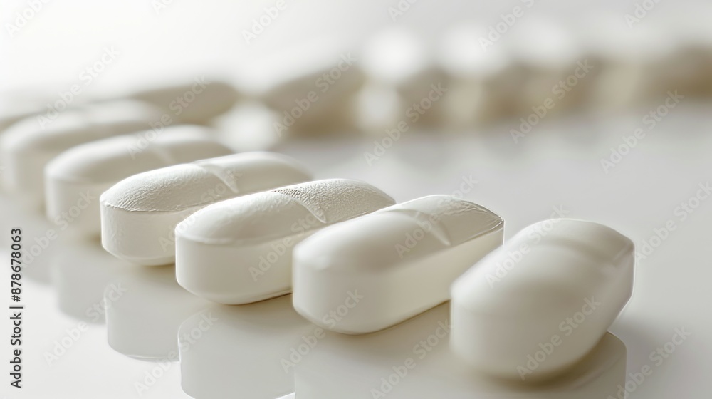 White pills row on surface. Close-up view of white pills in a line on a white surface.