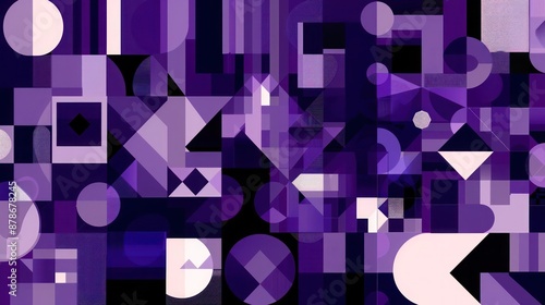 An abstract geometric background using a monochromatic scheme of purples. Different shades of squares, circles, triangles, and hexagons are arranged in a visually sophisticated and harmonious design