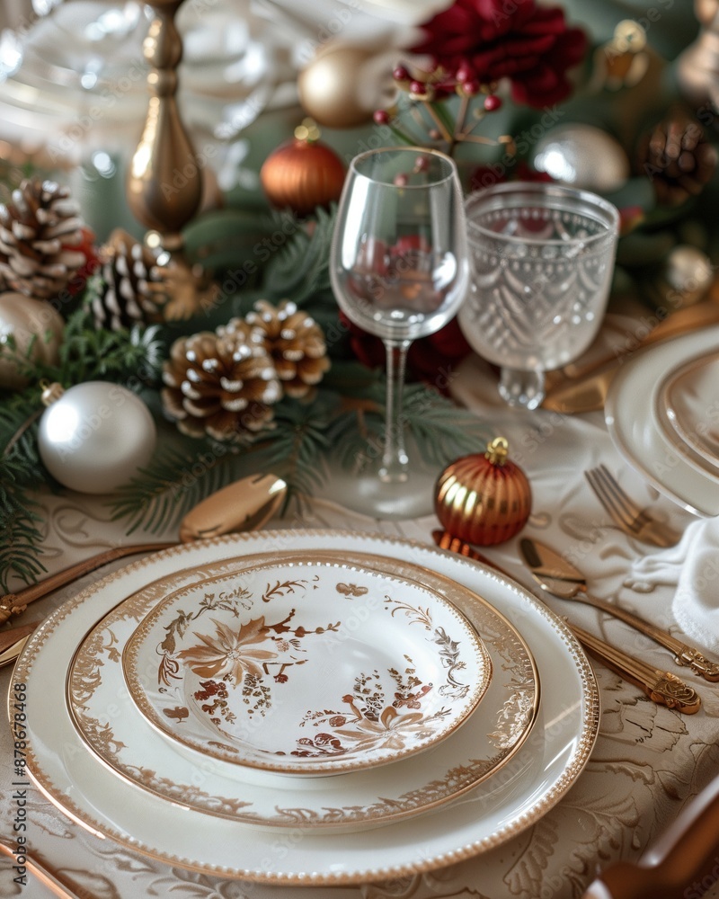 a christmas table setting with gold and white plates a christmas table setting with gold and white plates