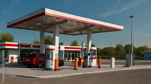 Red and White Gas Station with a Car Filling Up