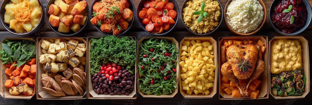 Colorful Thanksgiving feast with various dishes in takeout containers. Concept for Thanksgiving Day and Friendsgiving Colorful Thanksgiving feast with various dishes in takeout containers. Concept for Thanksgiving Day and Friendsgiving