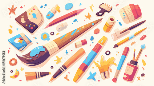 Art supplies banner. Kids creative arts school or cam