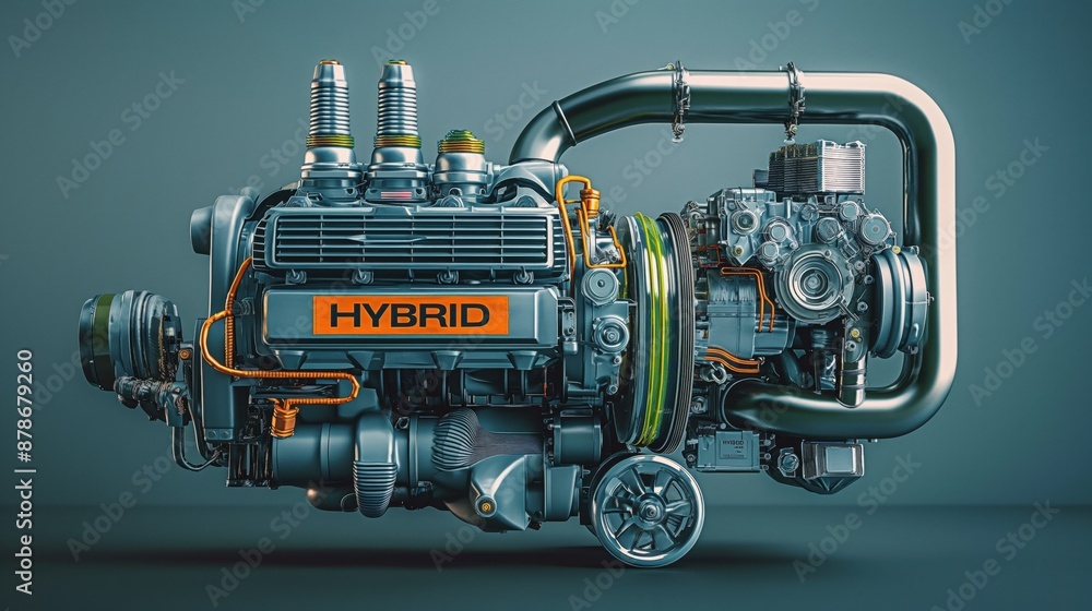 Detailed illustration of a modern hybrid engine showcasing advanced automotive technology. Detailed illustration of a modern hybrid engine showcasing advanced automotive technology.