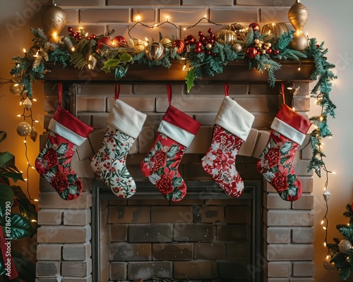 a fireplace decorated with christmas stockings and garland photo