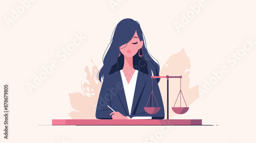 Asian business woman holding balance scale. Young bus